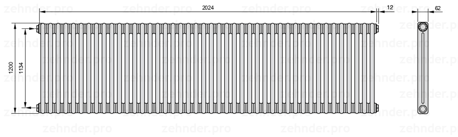 Схема (чертеж) Радиатор Zehnder Charleston 2120/44 №1270 Белый глянцевый RAL 9016
